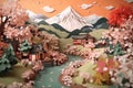 Summer scene - river, mountains, house and tree. Japanese origami, paper art style