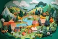 Summer scene - river, mountains, house and tree. Japanese origami, paper art style