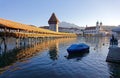 Summer scenery of Chapel Bridge Kapellbrucke over Reuss River in Lucerne Old Town Royalty Free Stock Photo