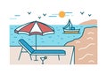 Summer scenery with sunlounger, cocktail and umbrella standing against yacht sailing in sea or ocean, beach and sun on Royalty Free Stock Photo
