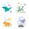 Summer scenes with cute dinosaurs. Illustration with dinos playing, flying, running. Funny prehistoric reptiles illustration for