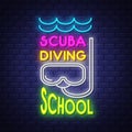 Scuba diving school. Summer holiday banner. Neon banner. Neon sign.