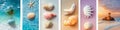 Summer Sea And Beach Collage Ocean Views, Shells, Starfish, Palm, And Sunset Background Royalty Free Stock Photo