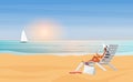 Summer sea beach holiday, travel vacation, young bikini girl in hat sunbathing, back view Royalty Free Stock Photo