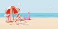 Summer sea beach and island with beach chair,umbrella,ball,Inflatable flamingo,cloud,sandals,starfish,rubber raft isolated Royalty Free Stock Photo