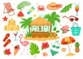 Summer sea beach objects vector illustration set, cartoon flat beachfront bar with tropical drink, vacation island