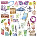 Summer, sea, beach and travel watercolor elements collection
