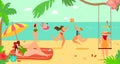 Summer sea beach vacation travel, vector illustration. Ocean tropical holiday resort for girl woman people character