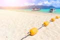 Summer Sea beach with yellow buoys, Safety Swimming zone separator,