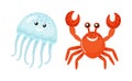 Summer Sea Characters, Jellyfish and Red Crab