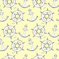 Summer sea doodle anchors and handwheels, seamless pattern yellow