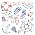 Summer sea doodle: lifebuoy, citrus cocktail, seashells, beads from seashells, sea steering wheel, beach slippers, ice cream and