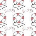 Summer sea doodle lifebuoy, the word sea and a shell, seamless pattern