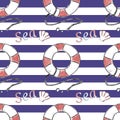 Summer sea doodle lifebuoy, the word sea and a shell, seamless pattern