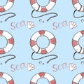 Summer sea doodle lifebuoy, the word sea and seashell, seamless pattern azure