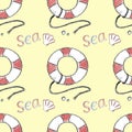 Summer sea doodle lifebuoy, word sea and seashell, seamless pattern yellow