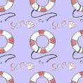 Summer sea doodle lifebuoy, the word sea and a shell, seamless pattern blue