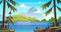 Summer sea landscape. Ocean seashore panorama, bay with vegetation and pine-trees, summer nature cartoon vector Royalty Free Stock Photo