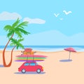 Summer sea Ocean shore Car suitcases surfboard Beach striped umbrella. Marine poster banner Tropical coast palm tree Royalty Free Stock Photo