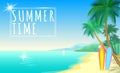 Summer sea palm beach web banner. Sand seashore blue water wave sunshite hot day surf boards boat. Background illustration Royalty Free Stock Photo