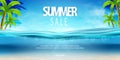 Summer sea party, sale posters. Vector illustration with deep underwater ocean scene. Background with realistic clouds