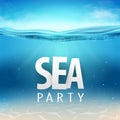 Summer sea party, sale posters. Vector illustration with deep underwater ocean scene. Background with realistic clouds