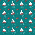 Summer sea pattern with ships, waves and fish on a blue background