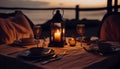 Summer sea sunset. Romantic picnic on the beach. Bottle of wine, glasses, candles, plaid and pillows. AI generated Royalty Free Stock Photo