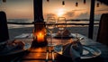 Summer sea sunset. Romantic picnic on the beach. Bottle of wine, glasses, candles, plaid and pillows. AI generated Royalty Free Stock Photo