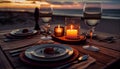 Summer sea sunset. Romantic picnic on the beach. Bottle of wine, glasses, candles, plaid and pillows. AI generated Royalty Free Stock Photo