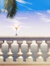 Summer sea view stone classic balustrade with cocktail glass and palm leaves render background image
