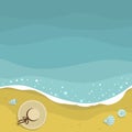 Summer sea with waves background, hat and mollusks, yellow sand beach, vector design template, illustration Royalty Free Stock Photo