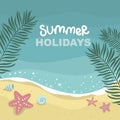 Summer sea with waves background, palm leaves, starfish mollusks, beach yellow sand, vector design template, lettering illustratio Royalty Free Stock Photo