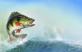 Perch fish jumps out of water realistic illustration.