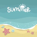 Summer sea with waves background, starfish and mollusks, yellow sand beach, vector design template, lettering illustration Royalty Free Stock Photo