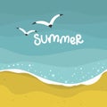 Summer sea with waves background, yellow sand beach, vector design template, illustration