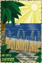 Summer seafront art deco card,vector Royalty Free Stock Photo