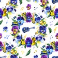 Summer seamless background pattern with pansy flowers and musical elements. Royalty Free Stock Photo