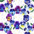Summer seamless background pattern with pansy flowers and musical elements. Royalty Free Stock Photo