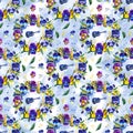 Summer seamless background pattern with pansy flowers and musical elements. Royalty Free Stock Photo