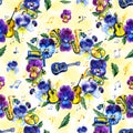 Summer seamless background pattern with pansy flowers and musical elements. Royalty Free Stock Photo