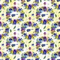 Summer seamless background pattern with pansy flowers and musical elements. Royalty Free Stock Photo