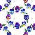 Summer seamless background pattern with pansy flowers and musical elements. Royalty Free Stock Photo