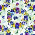 Summer seamless background pattern with pansy flowers and musical elements. Royalty Free Stock Photo