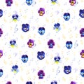 Summer seamless background pattern with pansy flowers and musical elements. Royalty Free Stock Photo