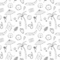 Summer seamless black and white doodles pattern. Vector vacation background. Funny hand drawn travel elements Royalty Free Stock Photo