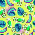 Summer seamless bright pattern with banana and cocktail. Zine Culture style summer backgroundSummer seamless bright pattern with b Royalty Free Stock Photo