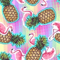 Summer seamless bright pattern with flamingo and pineapple. Zine Culture style summer background Royalty Free Stock Photo