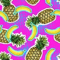 Summer seamless bright pattern with pineapple and banana. Zine Culture style summer background Royalty Free Stock Photo