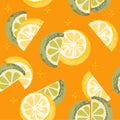 Summer seamless citrus pattern. Orange slices and limes on  bright orange background. Royalty Free Stock Photo